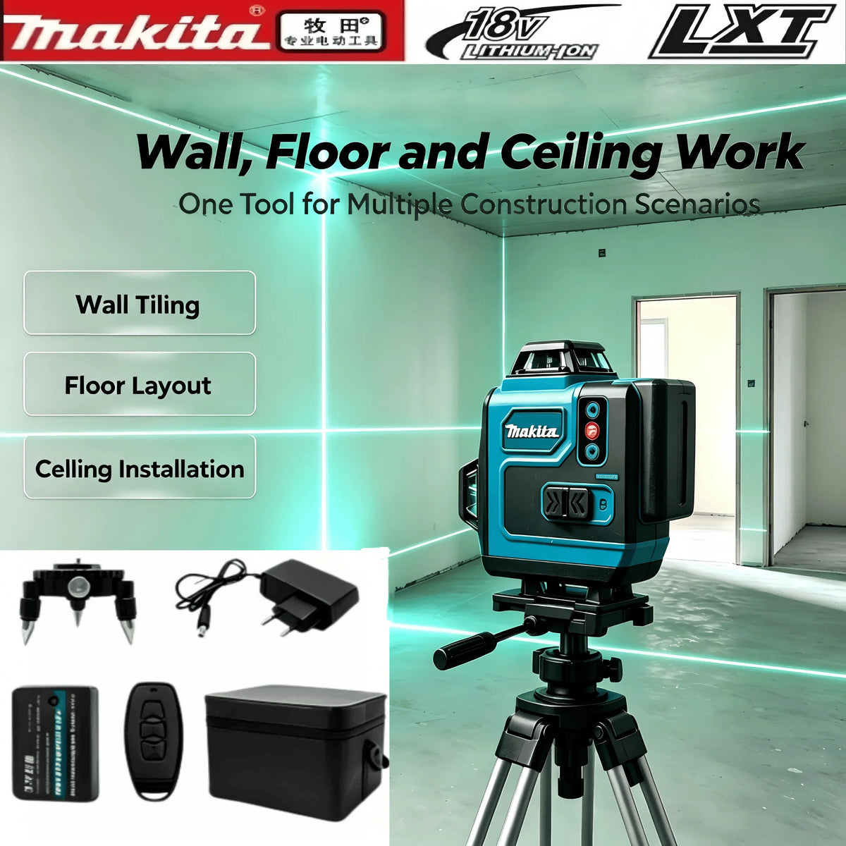 Makita 16 Lines 4D Green 360° Self Leveling Cross Line Laser Leveler With 18V 6.0Ah Lithium Battery For Construction Home DIY