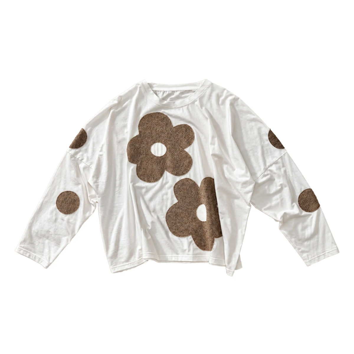 imakokoni original autumn loose white T-shirt women's artistic versatile plush flower casual long sleeved top