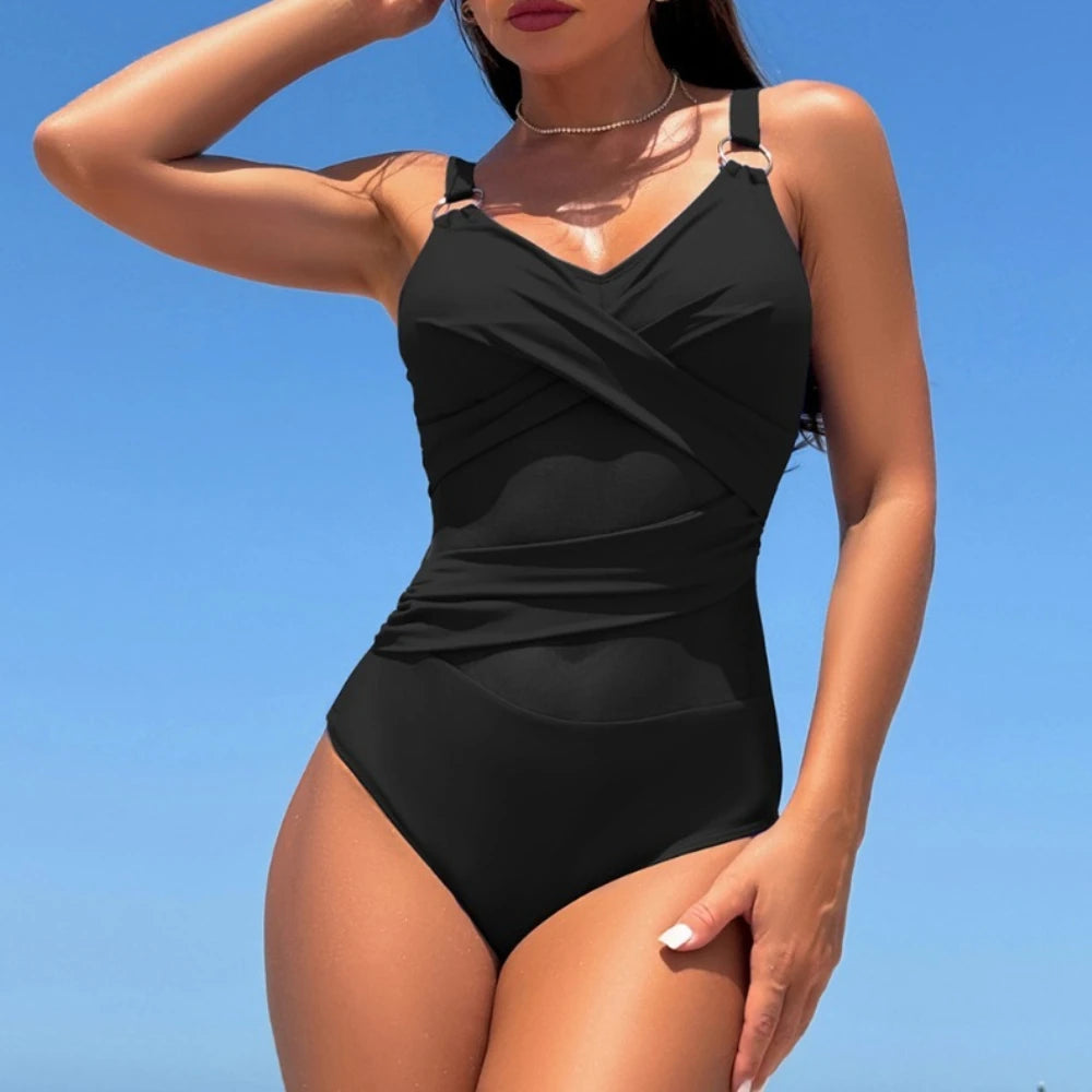 Solid Color Mesh Metal Buckle One-piece Women's Swimsuit Quick Drying Bikini Beach Swimsuit with Adjustable Shoulder Straps