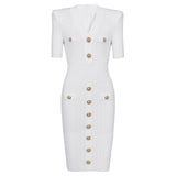 2025 Spring/Summer New Fashion Knitted Elastic Short Sleeve Solid Color Gold Button Slimming Style Commuter Women's Dress