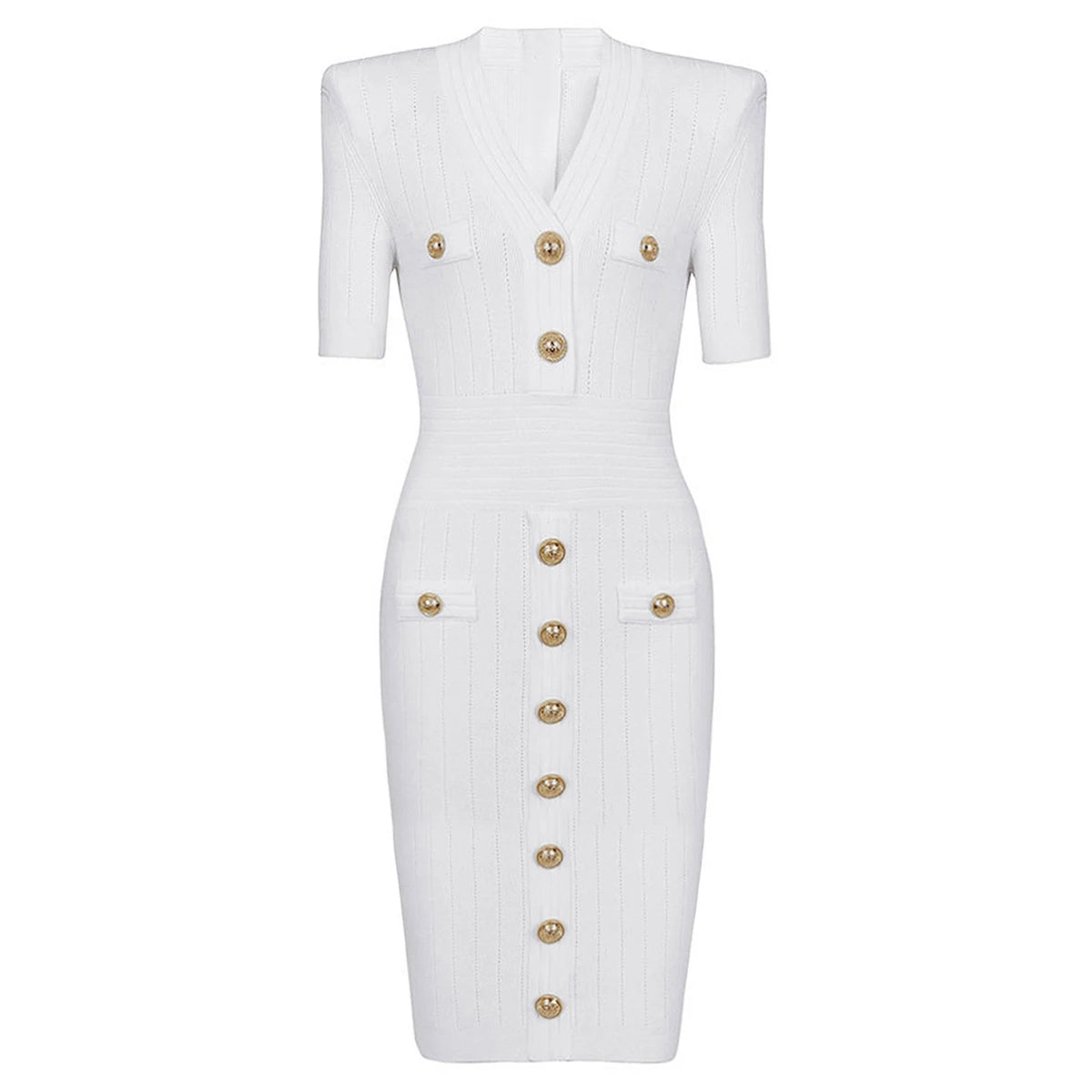 2025 Spring/Summer New Fashion Knitted Elastic Short Sleeve Solid Color Gold Button Slimming Style Commuter Women's Dress