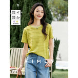 VIMLY Women's Office Short Sleeve T-Shirt 2026 Summer Tee Minimalist Textured Lace Stripe Patch Loose Casual Crew Neck Top A1832