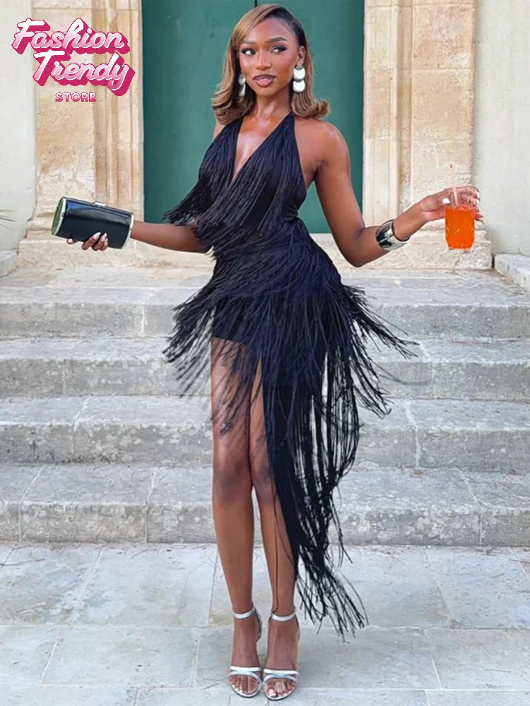 Solid Off Shoulder Fringe Short Dress Women Halter Sexy Backless Layered Tassel Floor-length Dresses Lady Party Evening Gown New