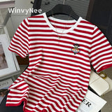 WinvyNee Summer Tops Women's Clothing 100% Cotton Sweaters O Neck Half Sleeve T-Shirt Striped Casual Knitted Pullovers ZA1102001