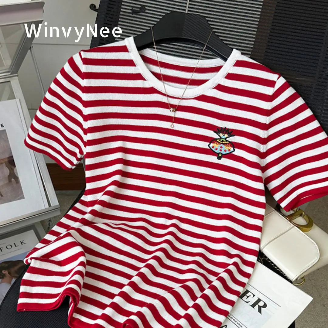 WinvyNee Summer Tops Women's Clothing 100% Cotton Sweaters O Neck Half Sleeve T-Shirt Striped Casual Knitted Pullovers ZA1102001
