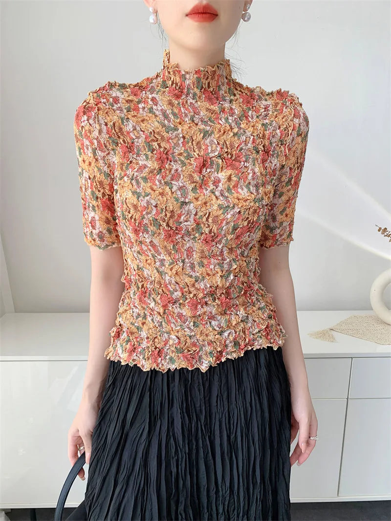 Printed Summer Pleated Top Comfortable Casual Split Loose T-Shirt Round Neck Short Sleeve Stretchy Tight Office Women's