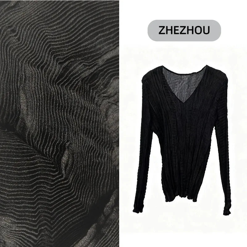 Miyake Pleated T-shirt 2025 Fall New Solid Color Bottoming Shirt Female Slim Thin Pleats Simple V-neck Inner Top Thin Clothing