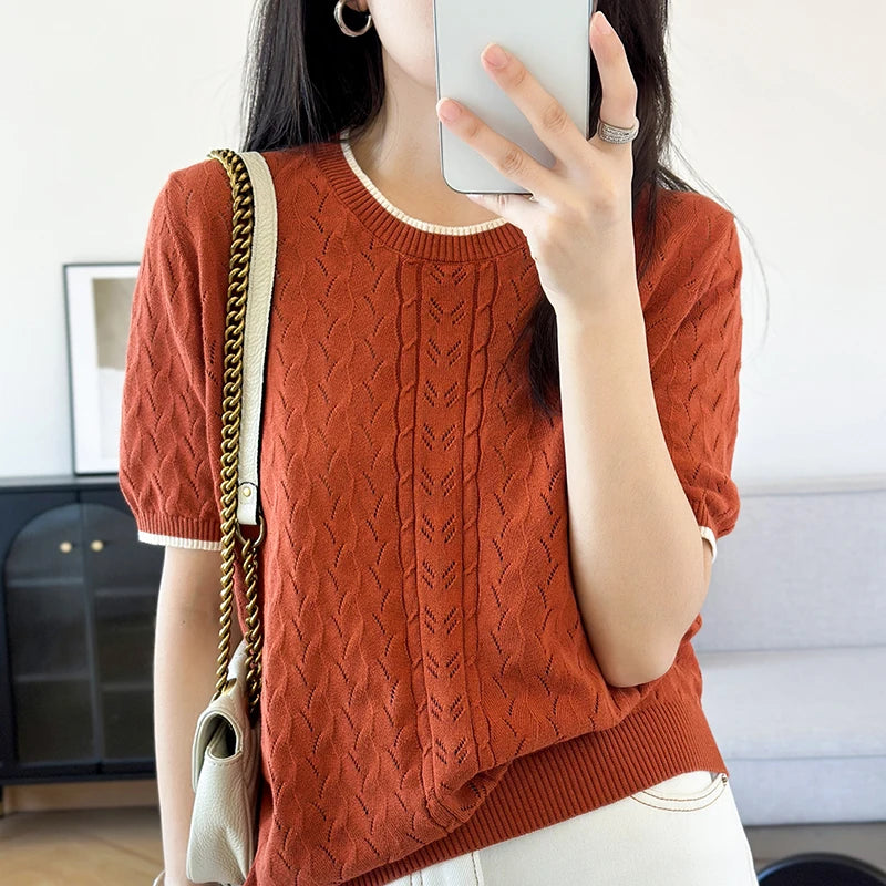 WinvyNee Summer Women‘s T-Shirt 100% Cotton Pullovers Sweaters Top Short Sleeve O neck Solid Knitwears Tops Spring A1002024