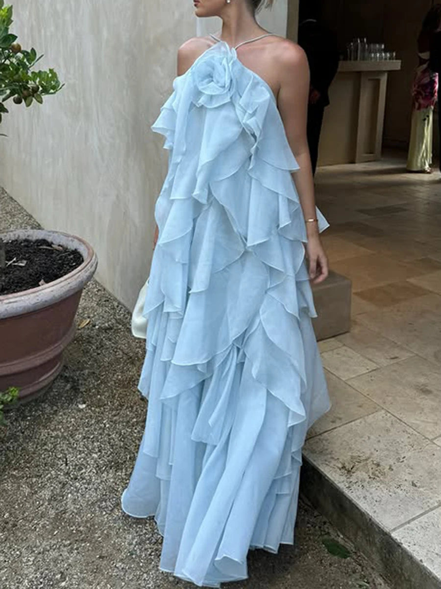 TWOTWINSTYLE Solid Spliced Ruffles Elegant Dresses For Women Halter Sleeveless High Wasit Backless Loose Dress Female Fashion