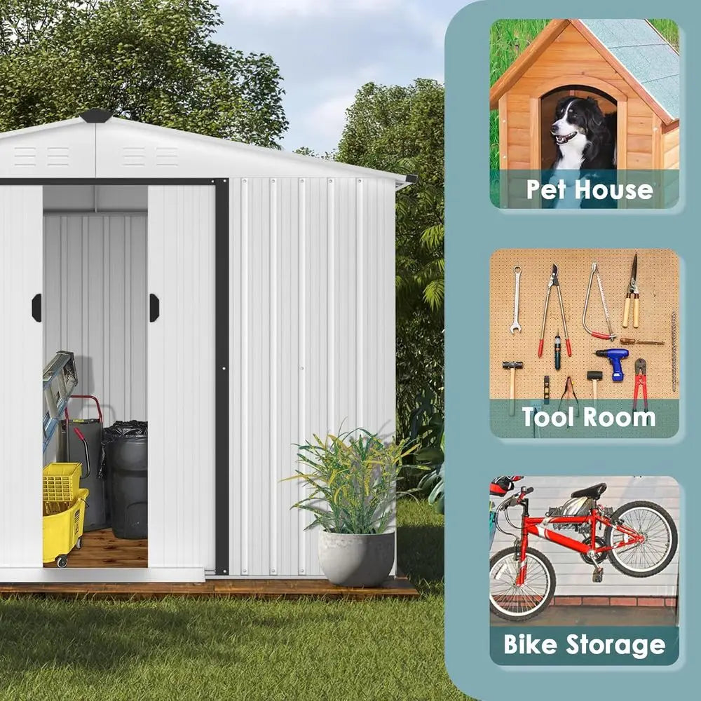 6x8 Outdoor Steel Garden Shed with Sliding Door - White