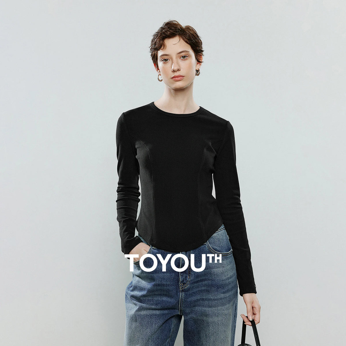TOYOUTH Women Long-Sleeve T-Shirts 2025 Winter NewAsymmetric Short Slim Stylish Thin Fleece Warm Long-Sleeve Base-Layer Top