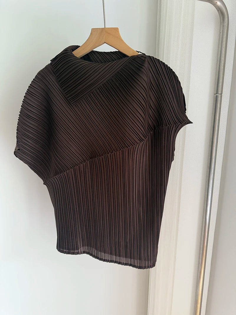 Miyake Pleated Summer New Asymmetrical Lapel Short-sleeved T-shirt
