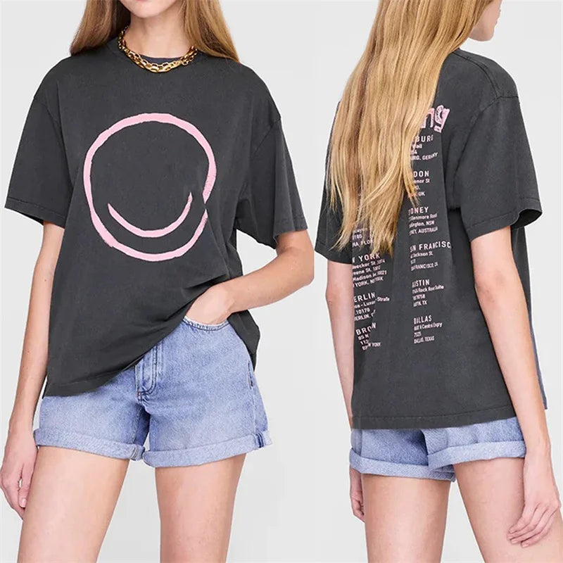 The North America Style Women's Summer 100% Cotton Fashionable Casual Slim Fit Face Printed Round Neck Short Sleeved T-shirt Top