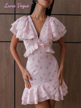 Women Floral Printed V-neck Mini Dress Fashion Half Sleeve High Waist Ruffle Slim Dresses 2026 Summer Elegant Lady Vacation Wear