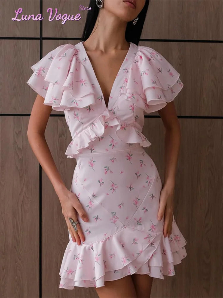 Women Floral Printed V-neck Mini Dress Fashion Half Sleeve High Waist Ruffle Slim Dresses 2026 Summer Elegant Lady Vacation Wear