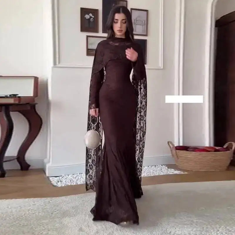 LGRQ 2026 New Elegant Round Neck Long Sleeved Waist Slimming Dress With Lace Shawl Temperament Women's Party Gown 19DB2591