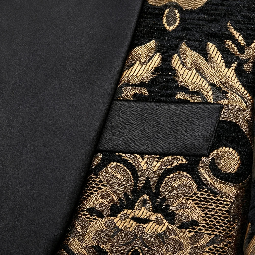 Men Black Gold Floral Jacquard Blazer Black Satin Shawl Lapel Slim Fit Jacket Wedding Groom Tuxedo For Party Prom
