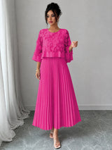 Elegant A-line Pleated Dress With Appliquéd Mesh Paneling, Vacation Outfits Women, Summer Outfits for Women