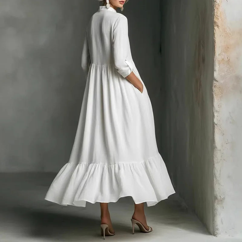 Women's Casual Dresses 2026 Spring Elegant V Neck High Waist A-Line Long Dress Retro Solid 3/4 Sleeve Ruffle Hem Boho Maxi Dress