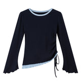 VIMLY Navy Blue T-shirt Women Fake Two-Piece Color Block Long Sleeve T-shirts Elegant Wavy Hem Tie Slim-fit Tops Ladies A7226