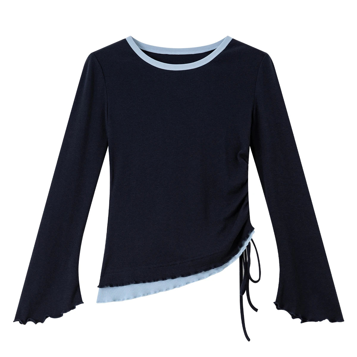 VIMLY Navy Blue T-shirt Women Fake Two-Piece Color Block Long Sleeve T-shirts Elegant Wavy Hem Tie Slim-fit Tops Ladies A7226