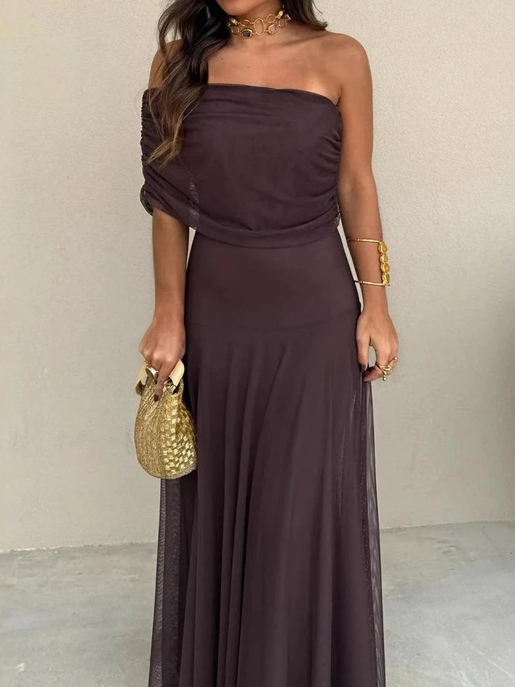 Women Diagonal Collar Summer Solid Long Dress Female Sleeveless Backless Pleated Party Dress 2023 Casual Streetwear Maxi Dresses