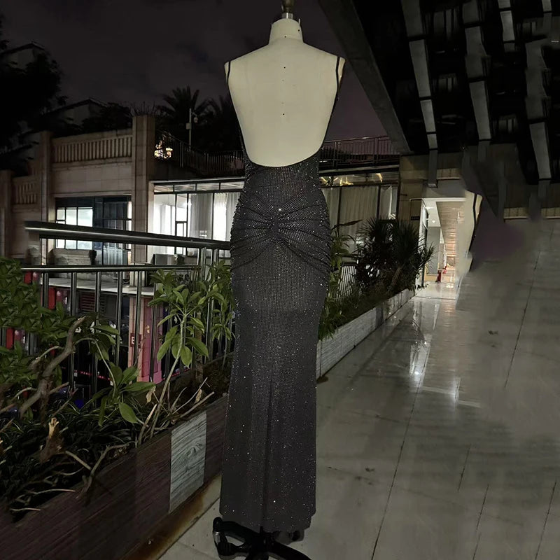 DEAT Fashion Gray Hot Drilling Spaghetti Strap Dress Women's Slim Fit Backless Folds Split Floor-length Dresses New Tide 7AB8510