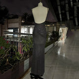DEAT Fashion Gray Hot Drilling Spaghetti Strap Dress Women's Slim Fit Backless Folds Split Floor-length Dresses New Tide 7AB8510