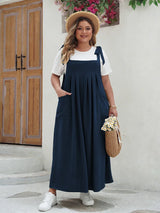 GIBSIE Plus Size Solid Tie Shoulder Overalls Dress For Women 2026 Summer Casual Loose Sleeveless Maxi Long Dresses with Pockets