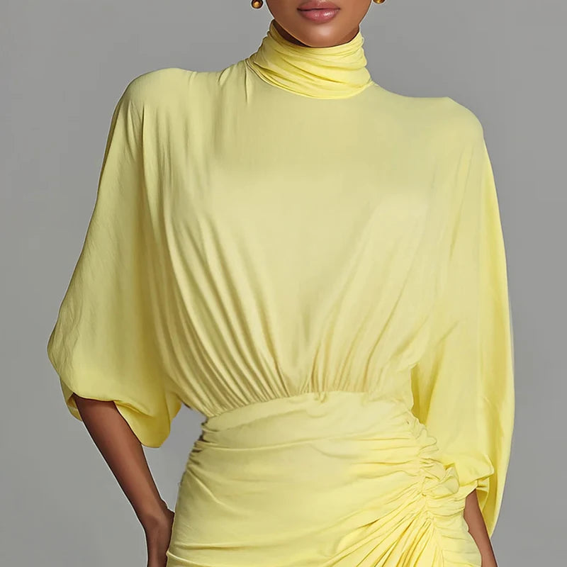 Yellow Lady Turtleneck Pleated Party Dress Autumn Seven Quarter Sleeve High Waist Irregular Dress Fashion Split Solid Long Dress