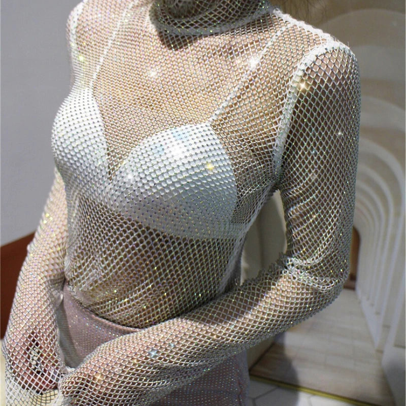 Glittering Mesh Diamond Hollow Out T Shirts Sexy Long-Sleeved Turtleneck Women Hollow Sequined Shirt Party Clubwear Wholesale
