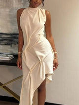 Elegant Solid Sleeveless Midi Dress Fashion Draped High Neck Waist Cinched Dresses 2026 Summer New Lady Evening Party Gowns