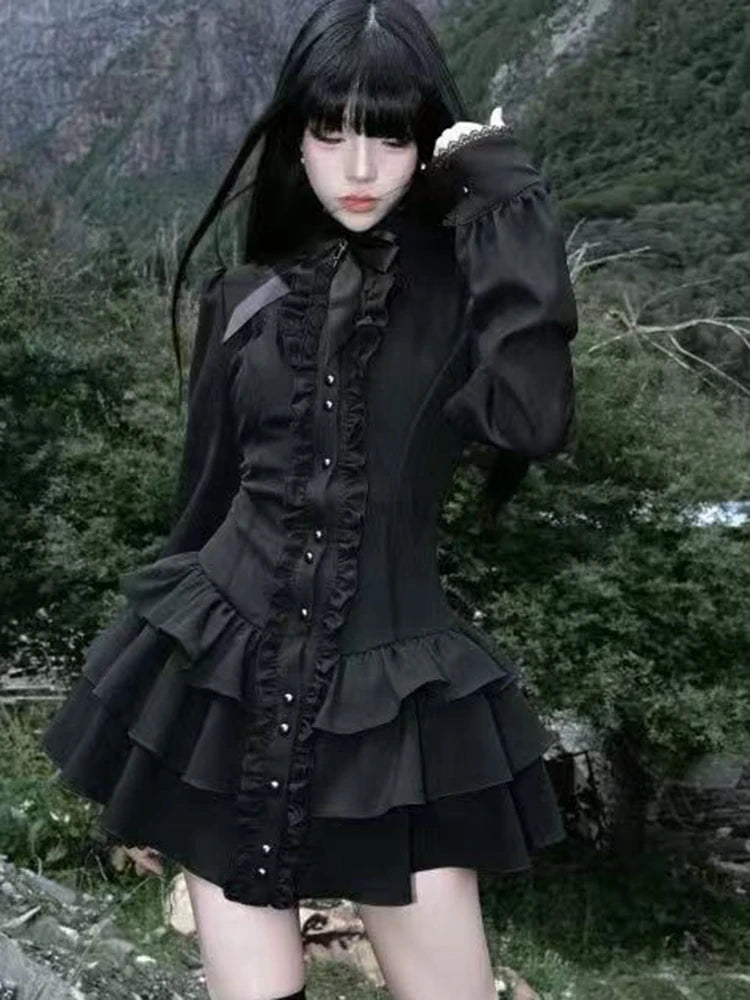 Aoaiiys Mini Dress Women Black Gothic Lace Spliced Dresses Y2K Japanese Streetwear Lolita Dresses Spicy Girls Fall Clothes New