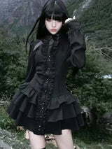 Aoaiiys Mini Dress Women Black Gothic Lace Spliced Dresses Y2K Japanese Streetwear Lolita Dresses Spicy Girls Fall Clothes New