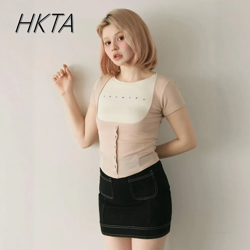 Summer New Chest Embroidery Contrasting Color Splicing T-shirt Women's Japanese Waffle Short-sleeved Slim-fit Tshirt Niche Top