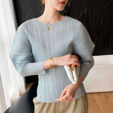YUDX Pleated Round Collar T Shirt Women Full Sleeve Solid Color Versatile New 2025 Pullover Temperament Female Tops