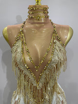 Stock 2025 Women Sexy Stretch Mesh Sparkly Rhinestone Tassels Mini Dress Nightclub Singer Dance Stage Costume Evening Gowns