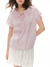 DUSHU 2026 New Arrival Summer Women's Pastel Ruffle Chiffon Blouse, Short Sleeve Flowy Feminine Top for Soft Romantic Style