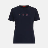 CH Women Navy Blue T-Shirt Letter Embroidery Striped Detail Short Sleeve Crew Neck Casual Cotton Tee Daily Wear Office Top