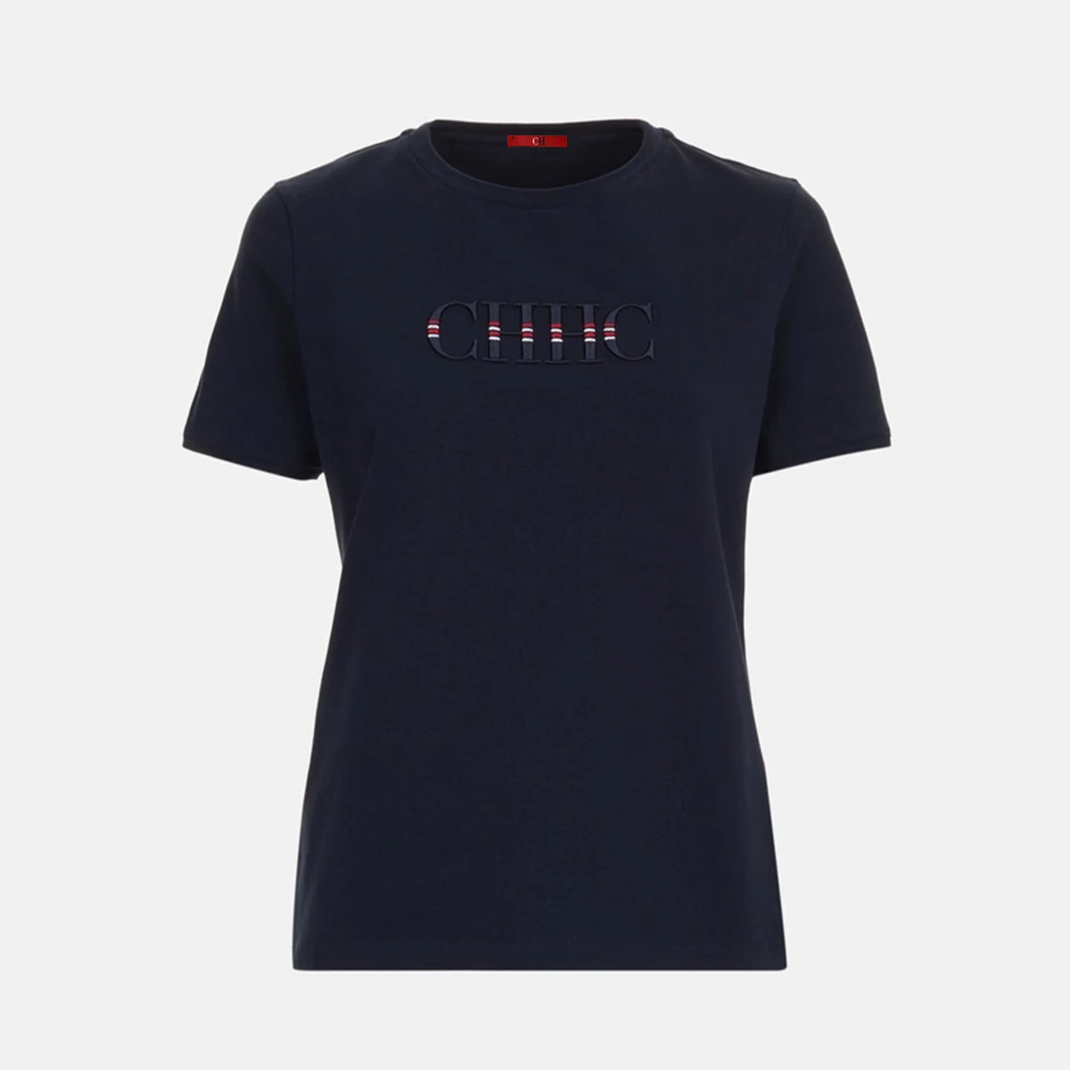 CH Women Navy Blue T-Shirt Letter Embroidery Striped Detail Short Sleeve Crew Neck Casual Cotton Tee Daily Wear Office Top