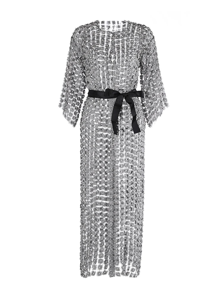 TWOTWINSTYLE Solid Patchwork Pearls Elegant Dresses For Women O Neck Long Sleeve Spliced Bowknot Midi Slimming Dress Female New
