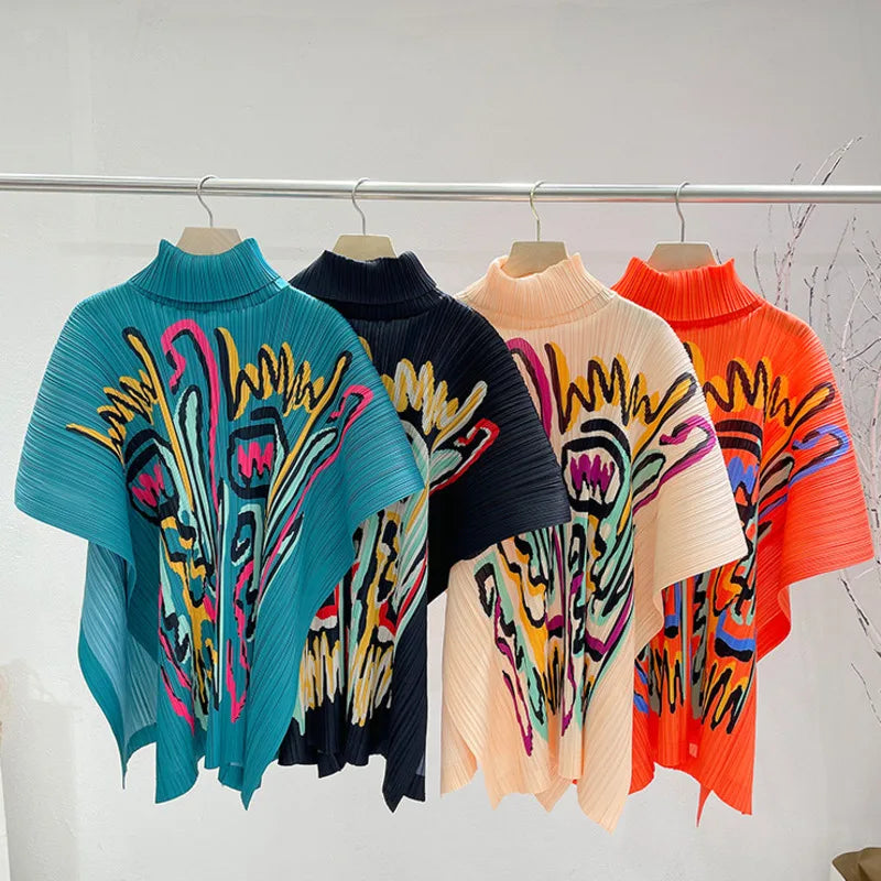 LANMREM Pleated Turtleneck Short Sleeves Women's Printing Long T-shirt Loose Casual Shawl Top Summer New Female Fashion 2DB8242
