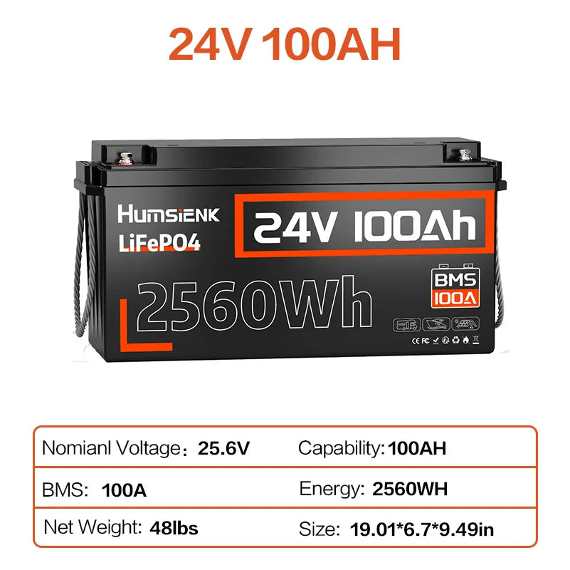 Humsienk 24V 100Ah/200Ah/150Ah LiFePO4 Battery, MAX 15000 Cycles, Built-in 100A/200A/250A BMS, 15000+ Deep Cycle, Low-Temp Protection For RV, Van, Golf Cart, Boat, Camper, Marine, Trolling Motor, Off-Grid, Solar Energy Storage
