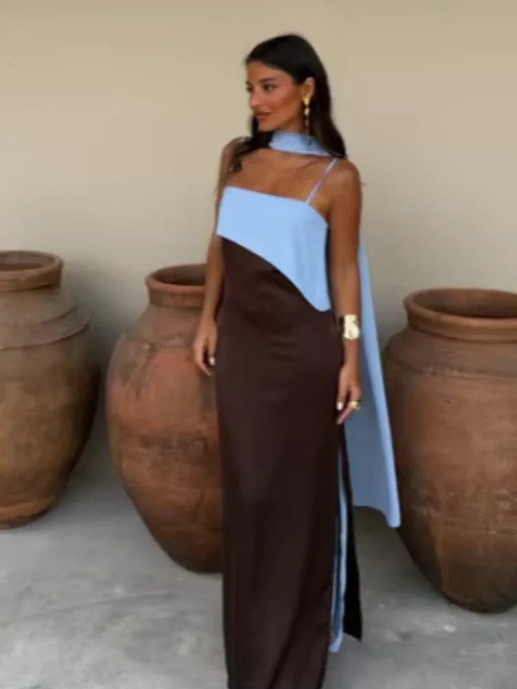 Spaghetti Strap Cape Neck Two Tone Maxi Dress Spaghetti Strap Slimming Sundress 2026 Summer Holiday Chic Ladies Party Vestidos
