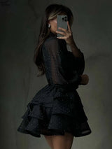 Oymimi Fashion Black Rhinestone Women's Dress Casual Lapel Long Sleeve Button Dresses Elegant New Lace-Up Pleated Mini Dresses