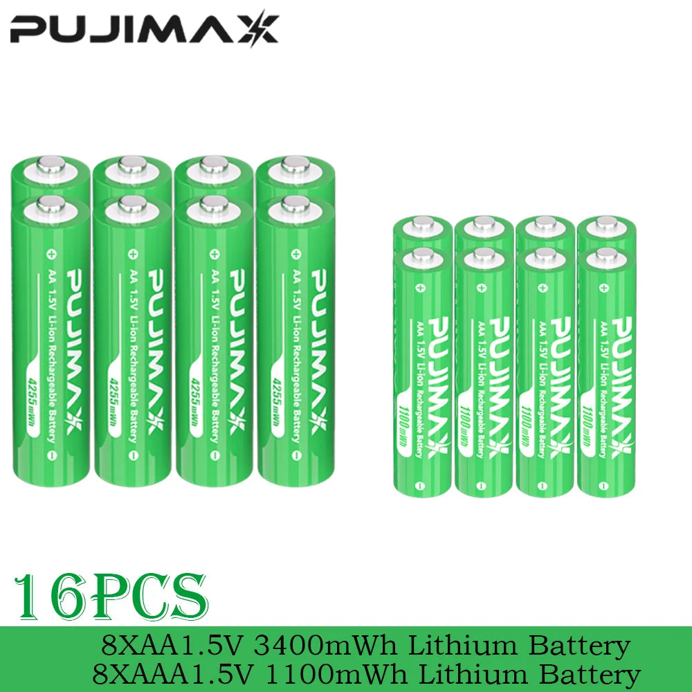 PUJIMAX Smart AA/AAA Lithium Battery Charger Charging 4 AA+4 AAA Rechargeable Li-ion Batteries With High Capacity Battery SET