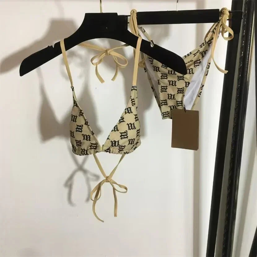 2025 New Women's Fashion Letter Printed Split Swimsuit Hanging Neck Strap Sexy Bikini