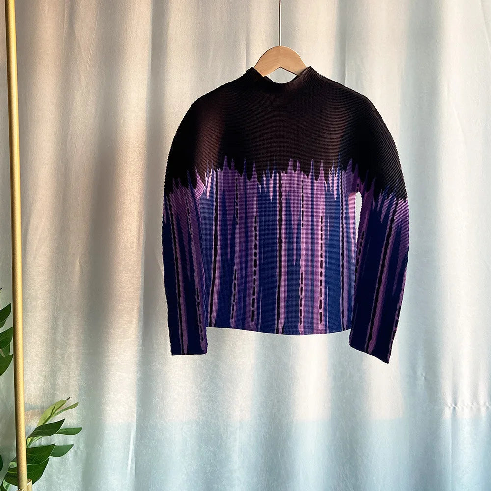 LANMREM Gradient Long Sleeves Women's Turtleneck Slim T Shirt Pleated Casual Female Fashion Clothes 2025 Spring New 2DC1065