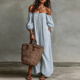 Spring Summer Beach Vacation Maxi Dress Woman Sexy Off Shoulder Puff Sleeve Long Dresses Vintage Striped Print Pocket Boho Dress