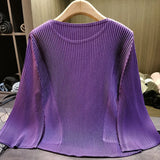 LANMREM High-end Turquoise Women's Pleated T-hsirt Flared Sleeve Long Sleeve Loose Fit Casual Stylish Pullover Top 2DB7543